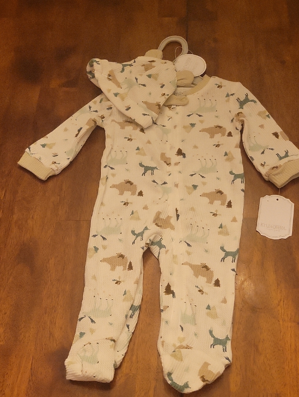 NWT-Cozy Cream Woodland Print Baby Footie with Matching Hat